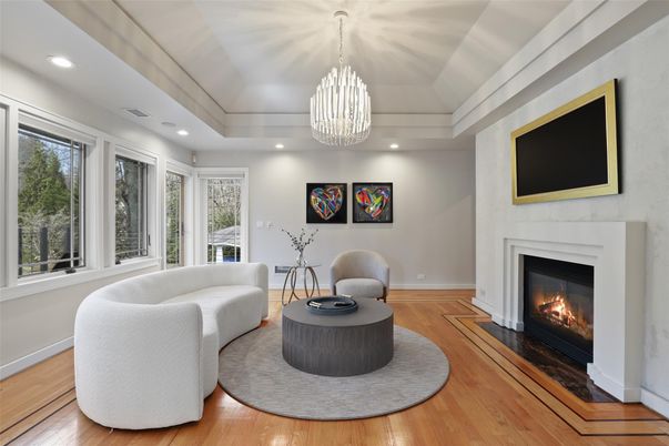 Chandelier, Fireplace, Interior, Living room, Recessed Lighting, Wood Texture Flooring