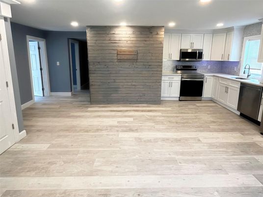 Interior, Kitchen, Recessed Lighting, Stainless Steel Appliances, Wood Texture Flooring