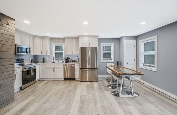Interior, Kitchen, Recessed Lighting, Stainless Steel Appliances, Wood Texture Flooring