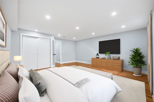 Bedroom, Interior, Recessed Lighting, Wood Texture Flooring