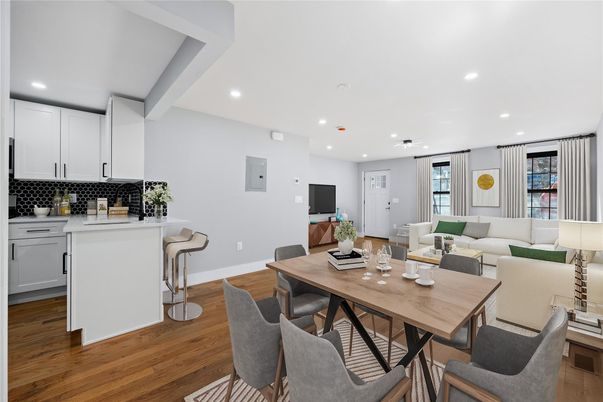 Dining room, Interior, Kitchen, Living room, Recessed Lighting, Wood Texture Flooring