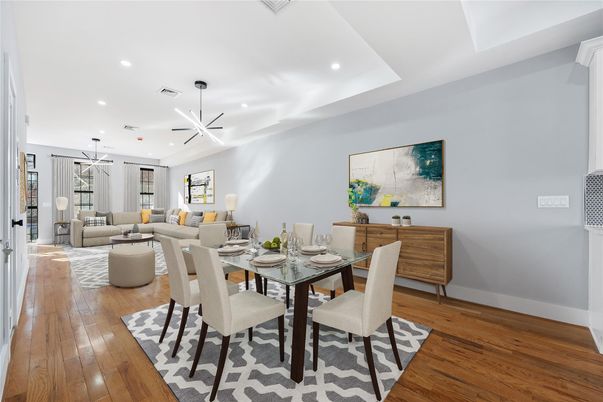 Dining room, Interior, Living room, Pendant Lights, Recessed Lighting, Wood Texture Flooring