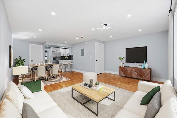 Dining room, Interior, Kitchen, Living room, Recessed Lighting, Stainless Steel Appliances, Wood Texture Flooring