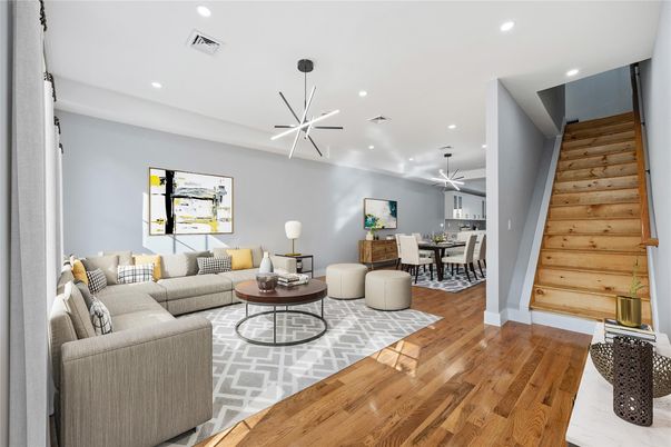 Dining room, Interior, Living room, Pendant Lights, Recessed Lighting, Wood Texture Flooring