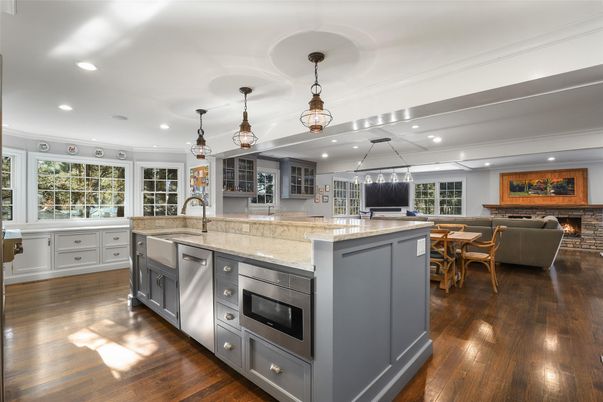 Dining room, Fireplace, Interior, Kitchen, Living room, Pendant Lights, Recessed Lighting, Stainless Steel Appliances, Wood Texture Flooring