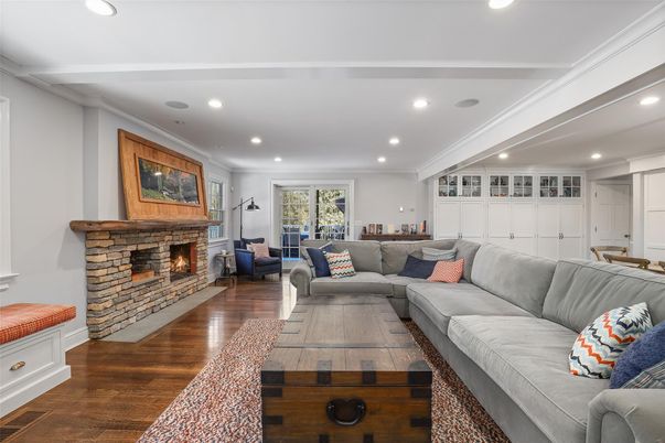 Fireplace, Interior, Living room, Recessed Lighting, Wood Texture Flooring
