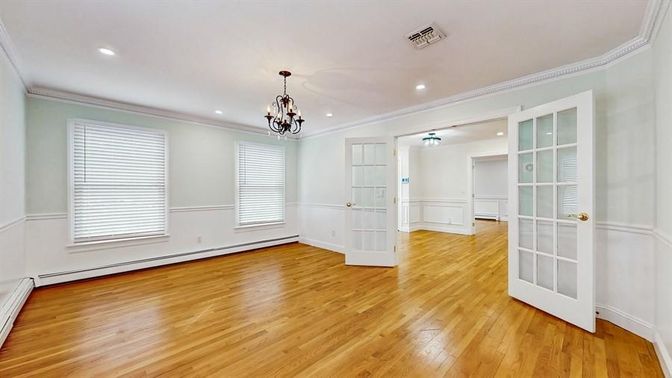 Chandelier, Empty room, Interior, Recessed Lighting, Wood Texture Flooring