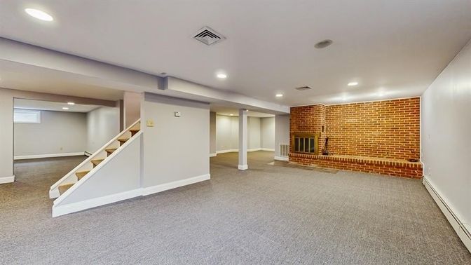 Empty room, Fireplace, Interior, Recessed Lighting, Stone Walls