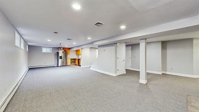 Empty room, Interior, Kitchen, Pendant Lights, Recessed Lighting, Stainless Steel Appliances
