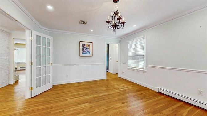 Chandelier, Empty room, Interior, Recessed Lighting, Wood Texture Flooring