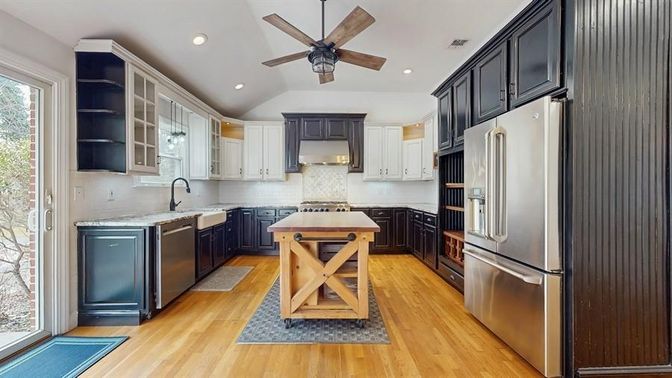 Interior, Kitchen, Recessed Lighting, Stainless Steel Appliances, Wood Texture Flooring