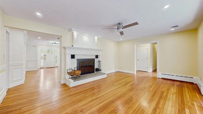 Empty room, Fireplace, Interior, Recessed Lighting, Wood Texture Flooring