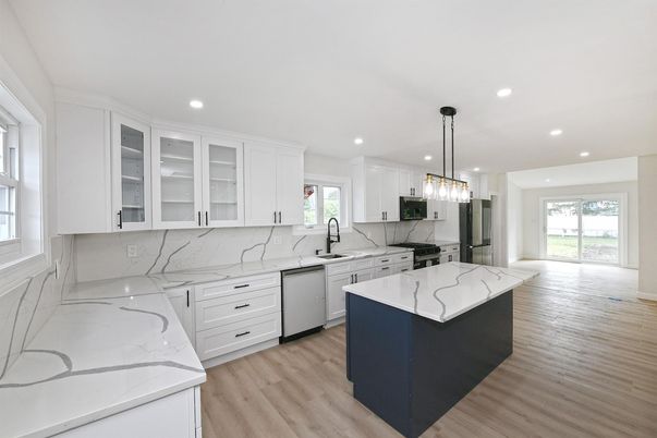 Interior, Kitchen, Marble Walls, Pendant Lights, Recessed Lighting, Wood Texture Flooring