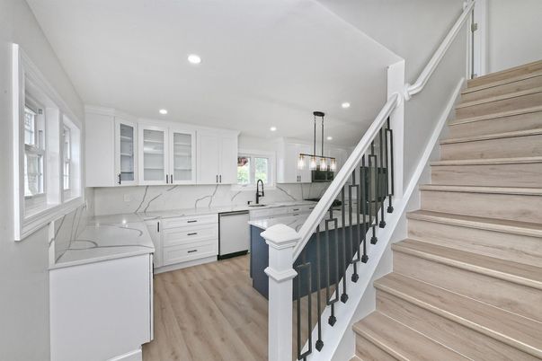 Interior, Kitchen, Marble Walls, Pendant Lights, Recessed Lighting, Wood Texture Flooring