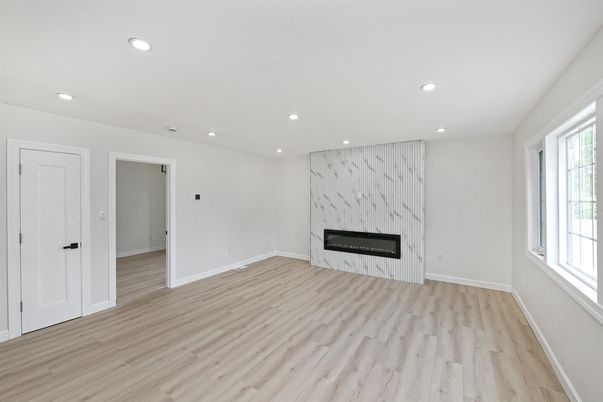 Empty room, Fireplace, Interior, Recessed Lighting, Wood Texture Flooring