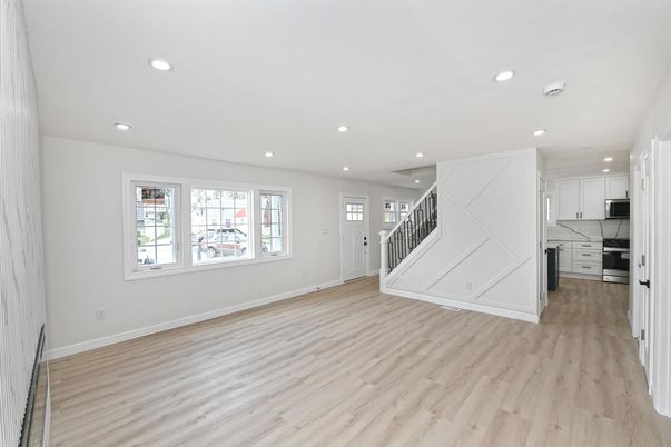 Empty room, Interior, Kitchen, Recessed Lighting, Wood Texture Flooring