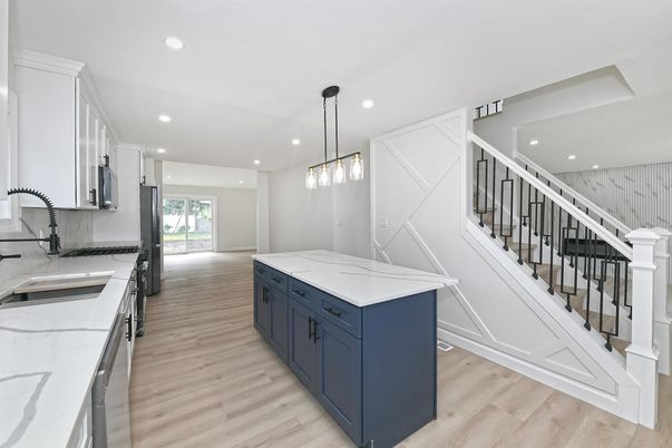 Interior, Kitchen, Pendant Lights, Recessed Lighting, Wood Texture Flooring