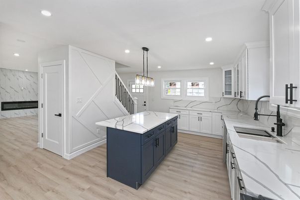Interior, Kitchen, Marble Walls, Pendant Lights, Recessed Lighting, Wood Texture Flooring
