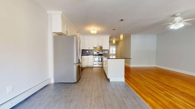 Interior, Kitchen, Pendant Lights, Stainless Steel Appliances, Wood Texture Flooring