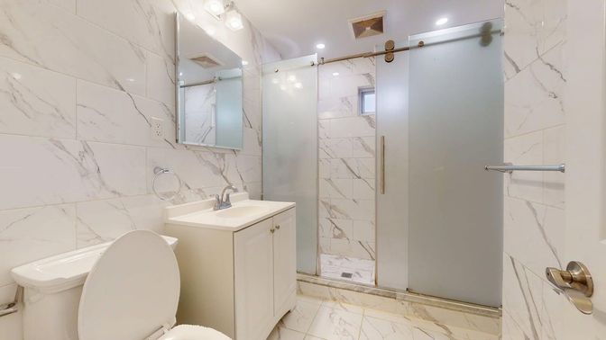 Bathroom, Glass Shower, Interior, Marble, Marble Walls, Recessed Lighting