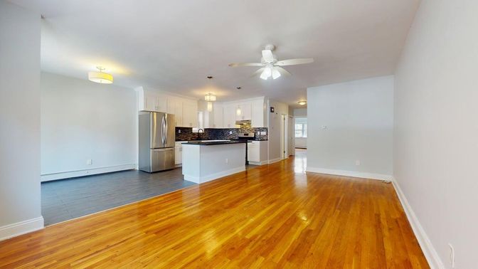 Empty room, Interior, Kitchen, Stainless Steel Appliances, Wood Texture Flooring