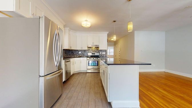 Interior, Kitchen, Pendant Lights, Stainless Steel Appliances, Wood Texture Flooring