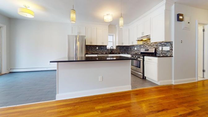 Interior, Kitchen, Pendant Lights, Stainless Steel Appliances, Wood Texture Flooring