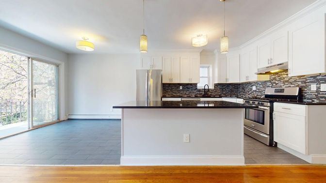 Interior, Kitchen, Pendant Lights, Stainless Steel Appliances, Wood Texture Flooring