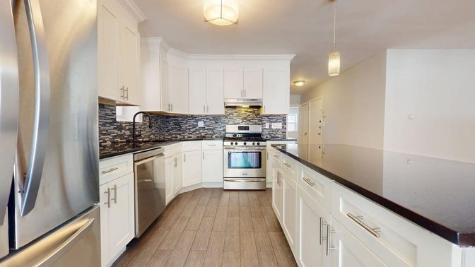 Interior, Kitchen, Pendant Lights, Stainless Steel Appliances, Wood Texture Flooring