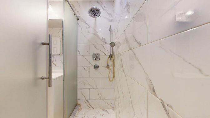 Bathroom, Glass Shower, Interior, Marble Walls