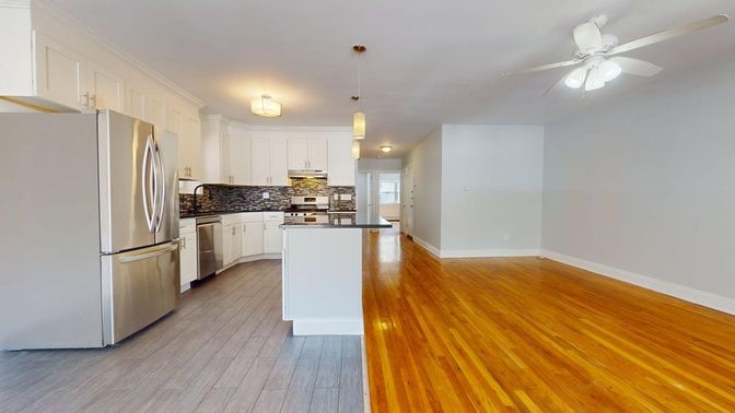 Interior, Kitchen, Pendant Lights, Stainless Steel Appliances, Wood Texture Flooring