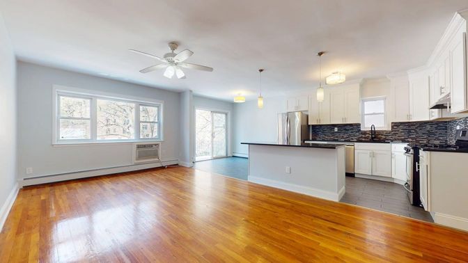Empty room, Interior, Kitchen, Pendant Lights, Wood Texture Flooring