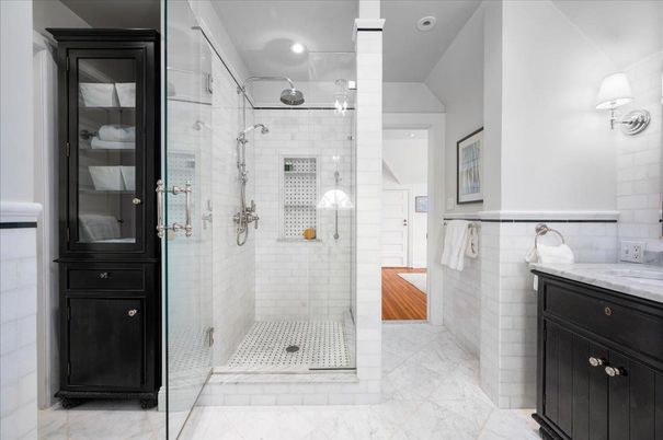Bathroom, Glass Shower, Interior, Marble, Recessed Lighting