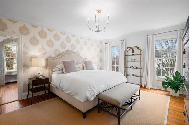 Bedroom, Chandelier, Interior, Recessed Lighting, Wood Texture Flooring