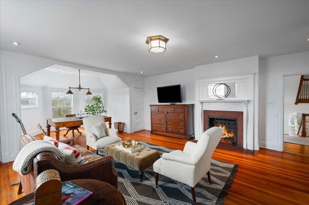 Dining room, Fireplace, Interior, Living room, Pendant Lights, Recessed Lighting, Wood Texture Flooring