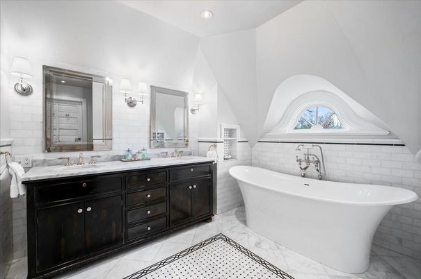 Bathroom, Dual Sink Vanities, Free Standing Baths, Interior, Marble, Recessed Lighting
