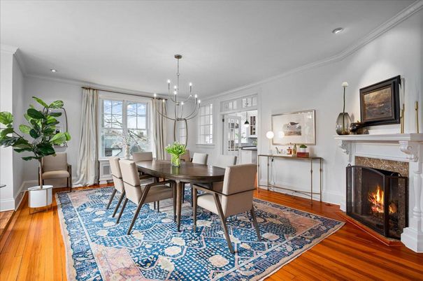Dining room, Fireplace, Interior, Pendant Lights, Recessed Lighting, Wood Texture Flooring