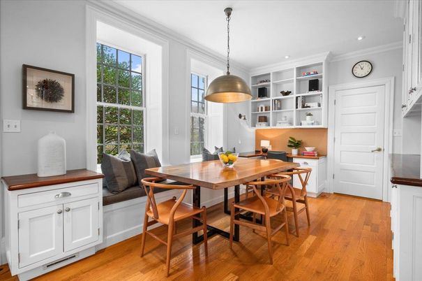 Dining room, Interior, Pendant Lights, Recessed Lighting, Wood Texture Flooring