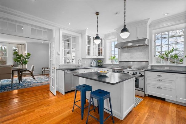 Dining room, Interior, Kitchen, Pendant Lights, Recessed Lighting, Stainless Steel Appliances, Wood Texture Flooring