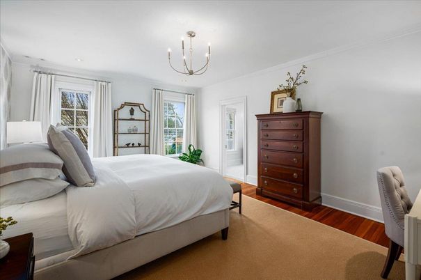 Bedroom, Chandelier, Interior, Recessed Lighting, Wood Texture Flooring