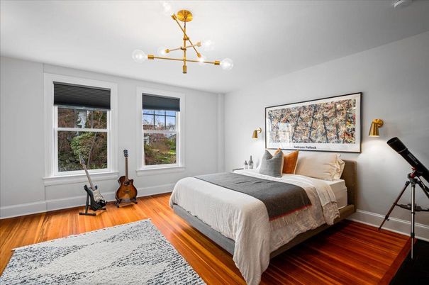 Bedroom, Interior, Pendant Lights, Wood Texture Flooring