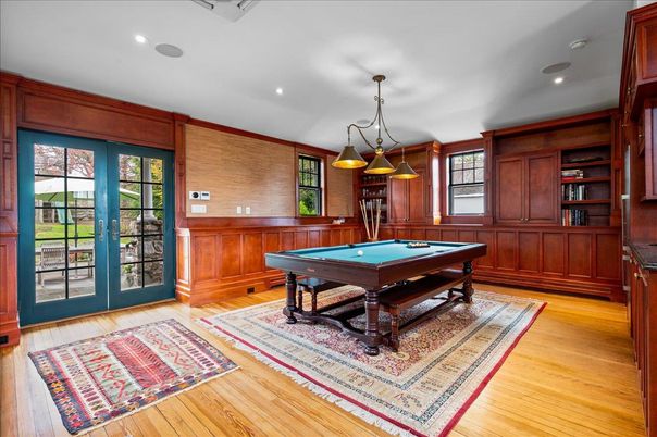 Billiard Table, Game Room, Interior, Pendant Lights, Recessed Lighting, Wood Texture Flooring, Wooden Walls