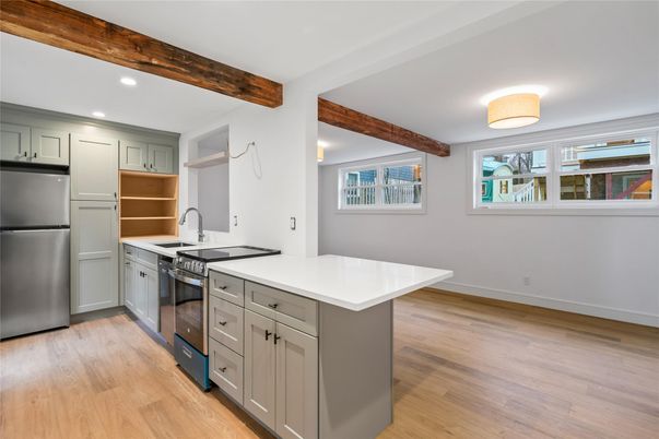 Interior, Kitchen, Recessed Lighting, Stainless Steel Appliances, Wooden Beams, Wood Texture Flooring