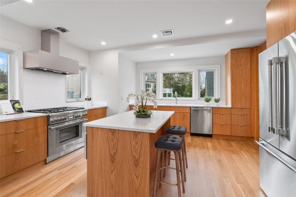 Interior, Kitchen, Recessed Lighting, Stainless Steel Appliances, Wood Texture Flooring