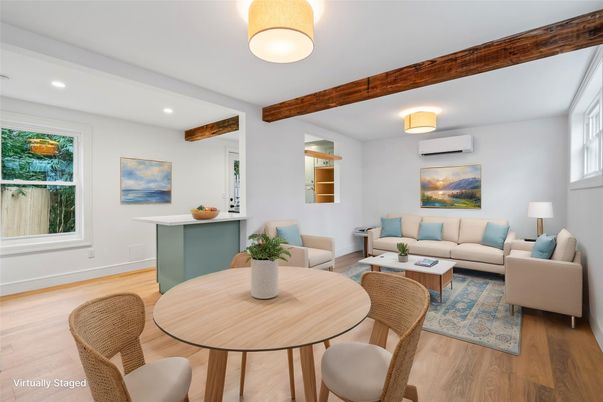Dining room, Interior, Living room, Recessed Lighting, Wooden Beams, Wood Texture Flooring