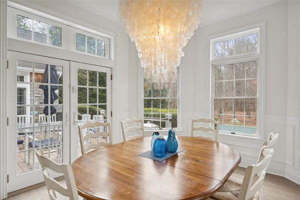 Chandelier, Dining room, Interior, Wood Texture Flooring
