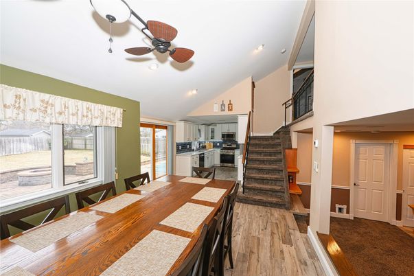 Dining room, Interior, Kitchen, Recessed Lighting, Stainless Steel Appliances, Wood Texture Flooring