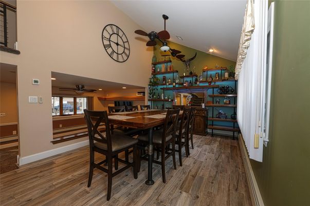 Dining room, Interior, Recessed Lighting, Wood Texture Flooring