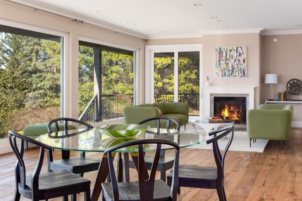 Dining room, Fireplace, Interior, Living room, Recessed Lighting, Wood Texture Flooring