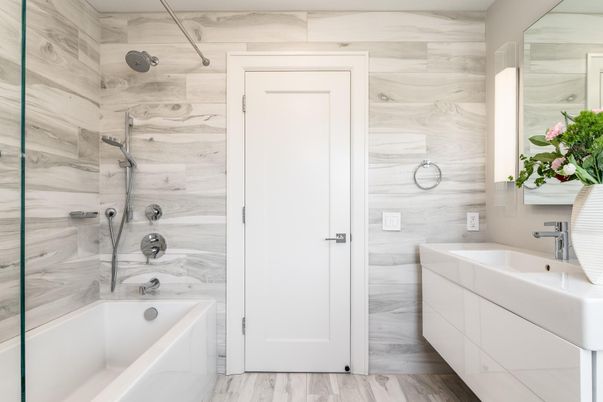 Bathroom, Interior, Marble Walls, Wood Texture Flooring